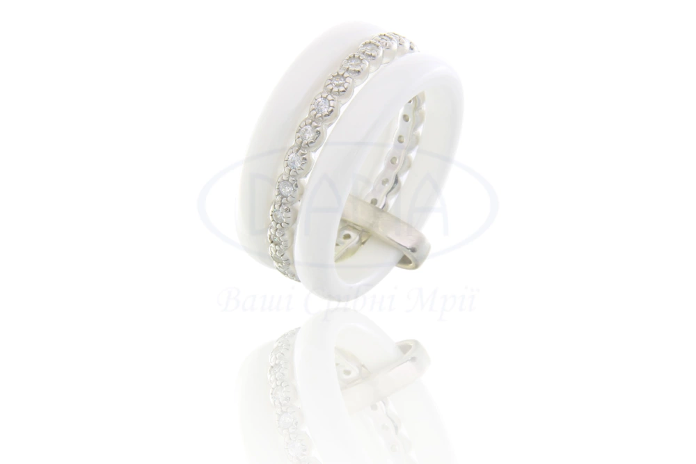 Біла керамічна каблучка з сріблом фото 1