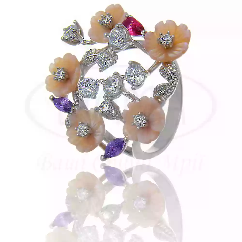 Каблучка срібна з Перламутром та Цирконом фото 1