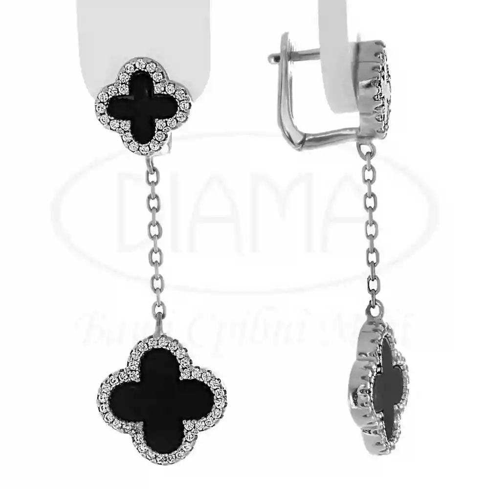 Сережки срібні з оніксом та цирконом фото 1