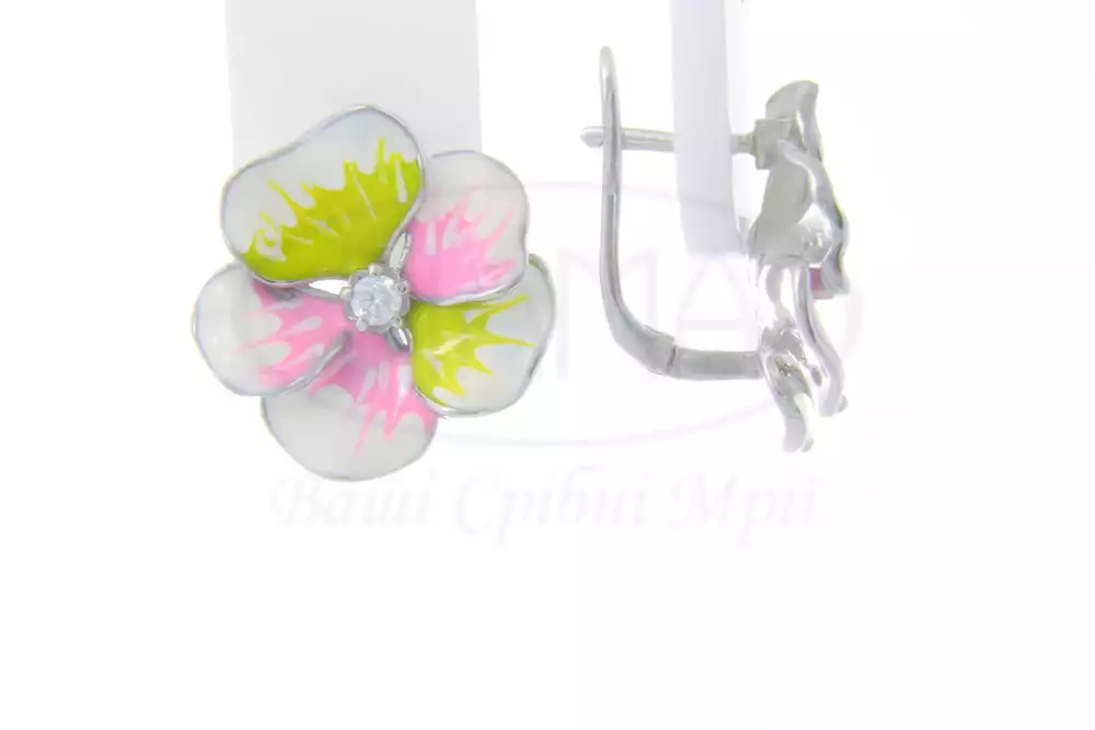 Сережки срібні з емаллю та цирконом фото 1