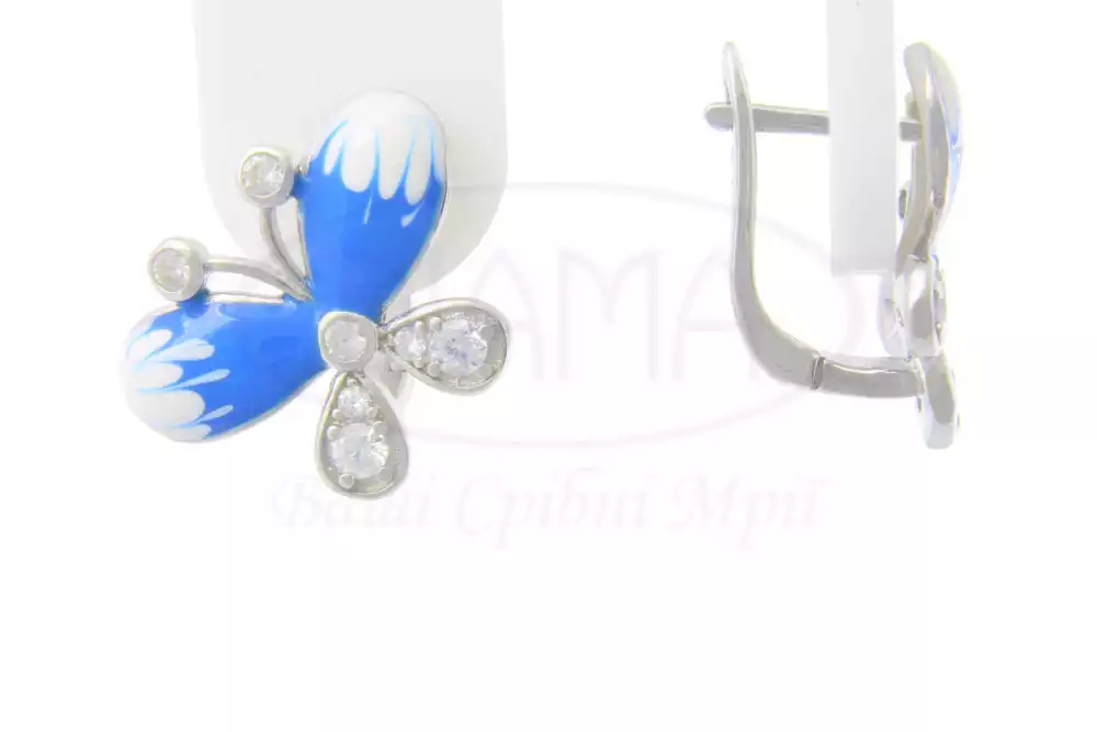 Сережки срібні з емаллю та цирконом фото 1