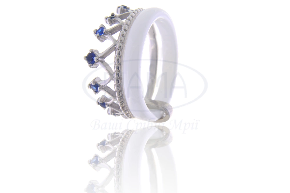 Каблучка срібна в формі корони з керамікою фото 1