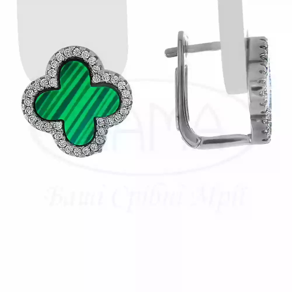 Срібні сережки "Клевер" з Малахітом фото 1
