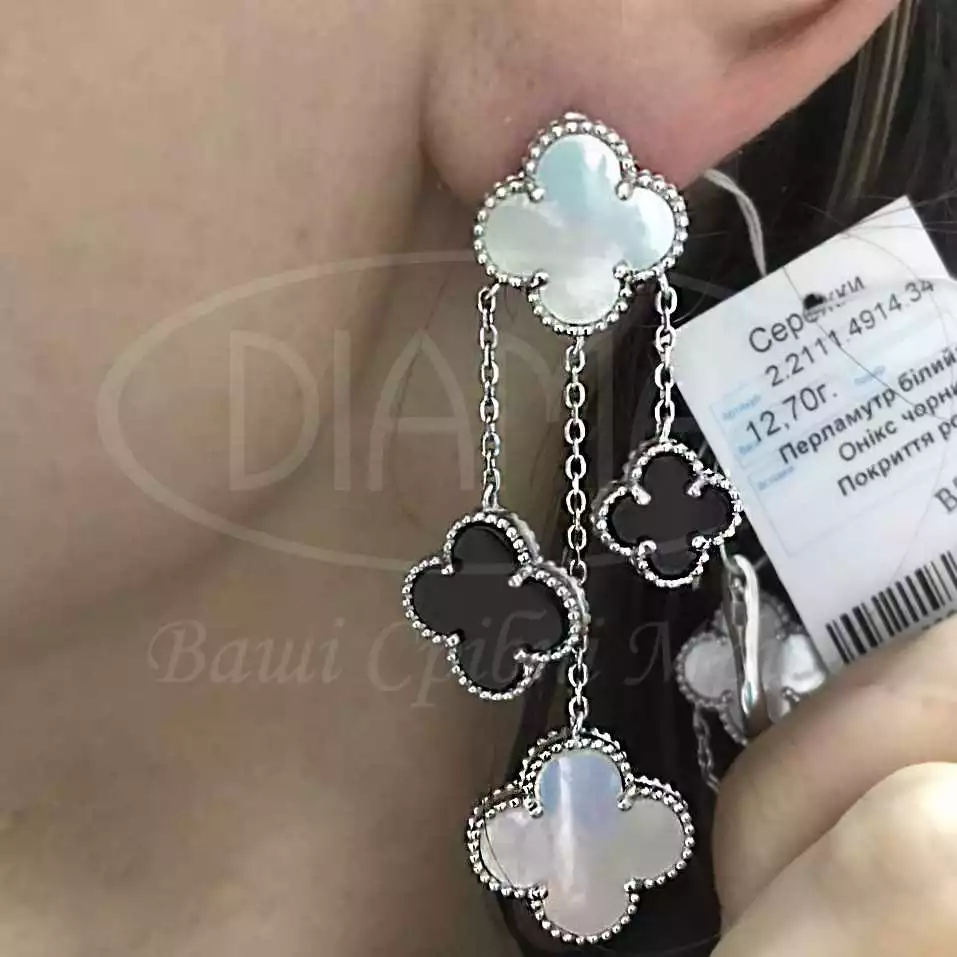 Сережки срібні з перламутром та оніксом фото 2