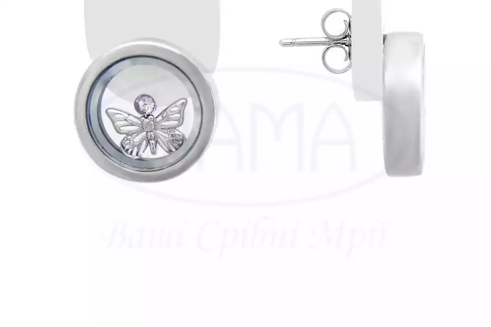 Сережки срібні з "бабочкою" під склом фото 1