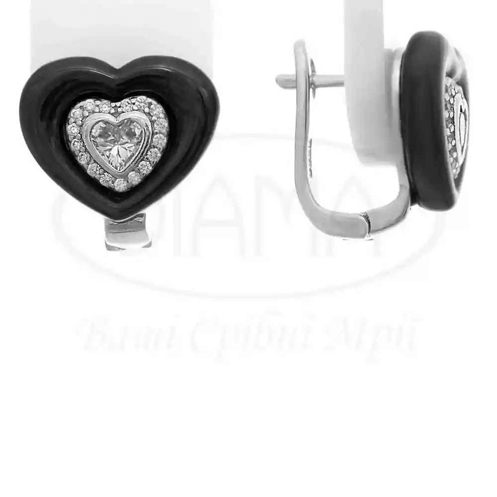 Сережки срібні з керамічним серцем фото 1