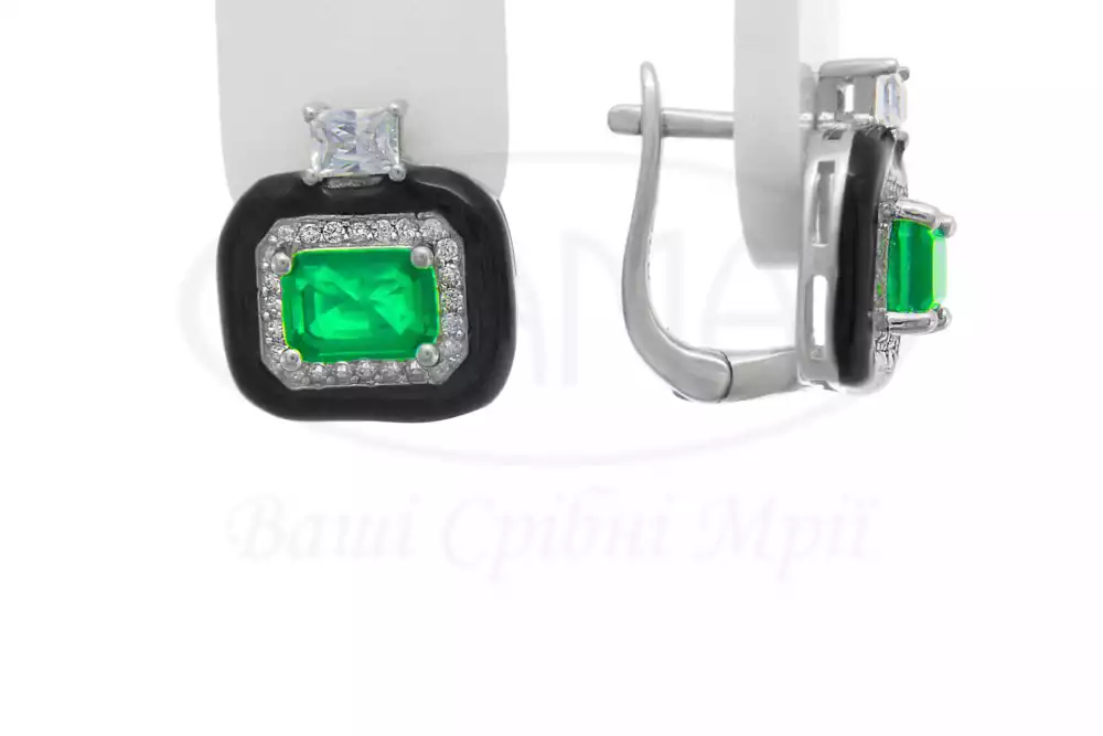 Сережки срібні з цирконом та емаллю фото 1