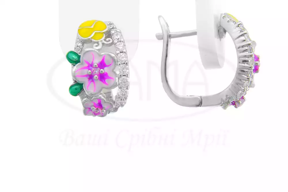 Срібна сережки з Емаллю та Цирконом фото 1